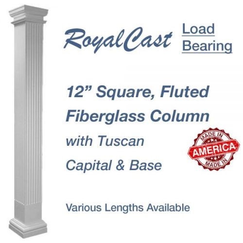 12″ RoyalCast Non-Tapered Square Fluted Fiberglass Column w/ Tuscan Capital and Base