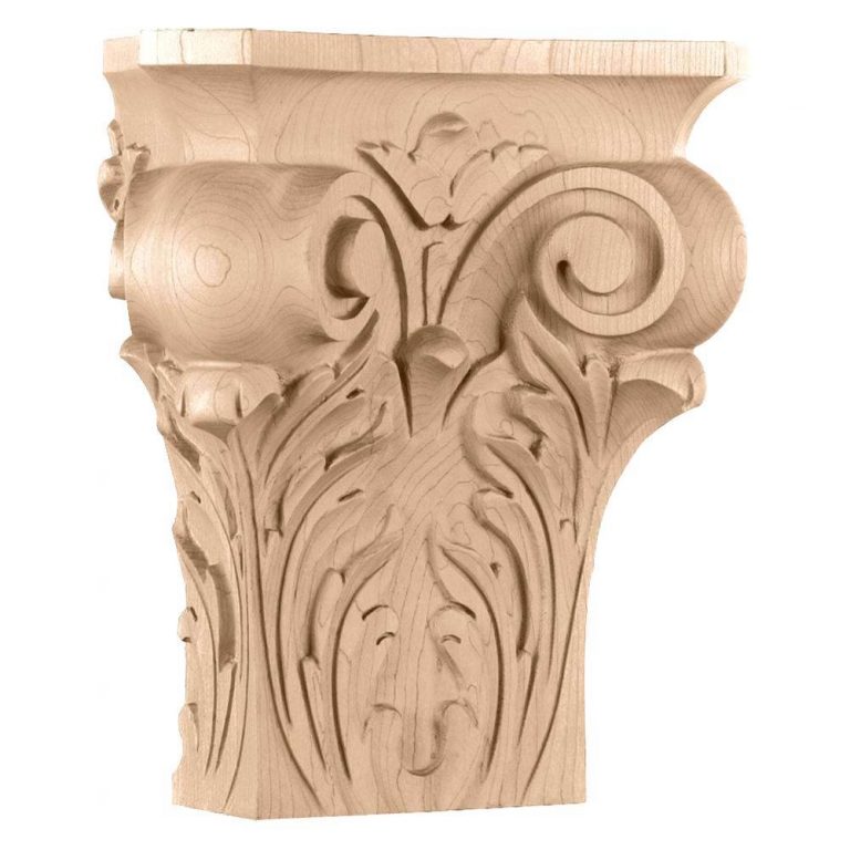 9-1/4"W x 4-1/2"D x 10"H (Neck 5") Large Square Wood Onlay Acanthus Wood Capital