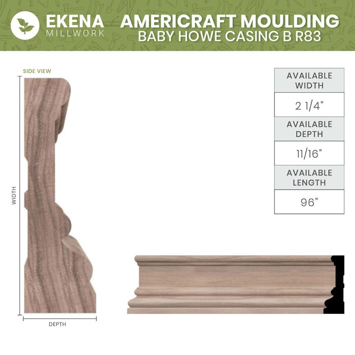 Ekena Millwork BRB3 11/16"D x 2 1/4"W x 96"L Americraft Solid Hardwood Stain Grade Baby Howe Casing Moulding - Image 3