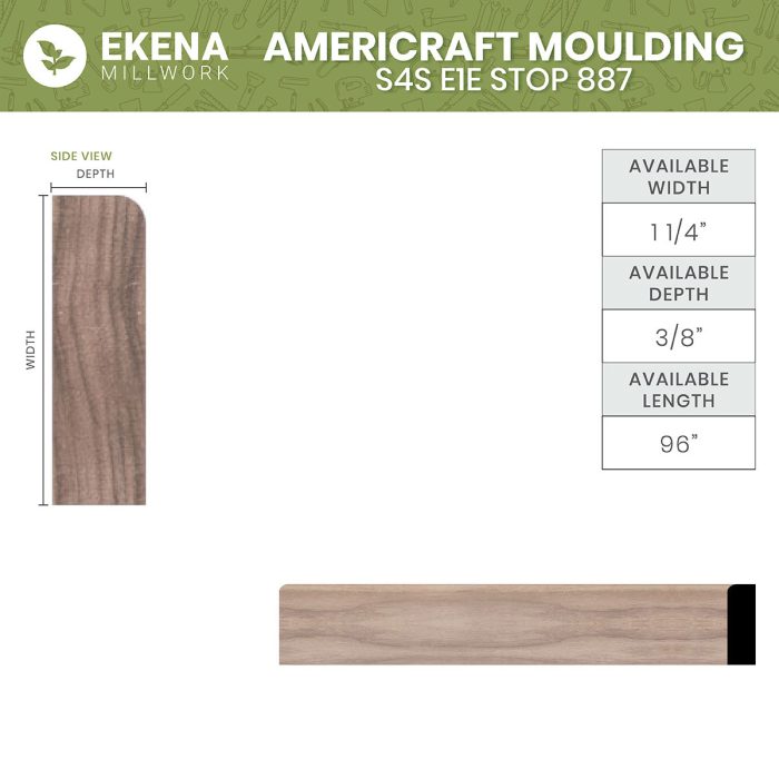 Ekena Millwork WM887 3/8"D X 1 1/4"W X 96"L Americraft Solid Hardwood Stain Grade S4S E1E Stop 887 Moulding - Image 2