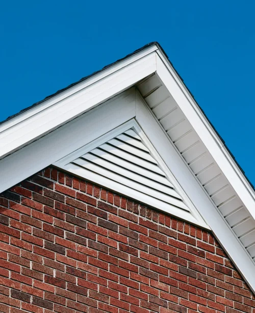 Alternative view of Fypon Decorative Triangle Louver – Brickmould Style – 64" W x 26-1/2" H – 10/12 Pitch
